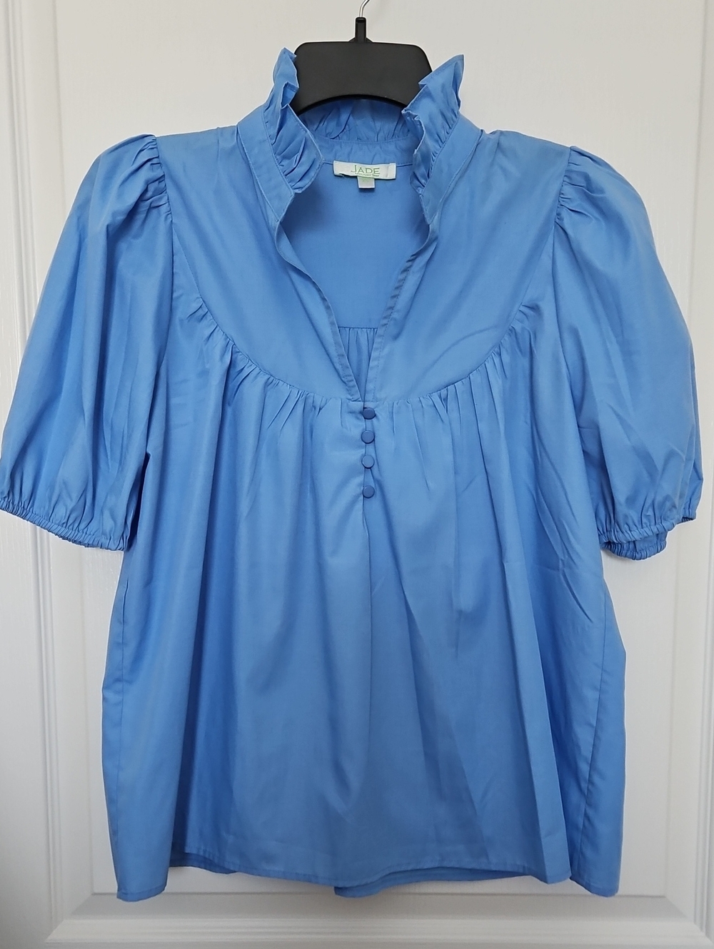 Jade Sky Blue Ruffle-Neck Puff Sleeve Blouse, XS